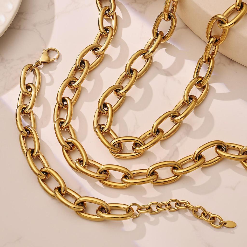 18K Gold Plated Hip Hop Thick Chain Necklace & Bracelet Set - European & American Style, Stainless Steel, Simple Luxury Design