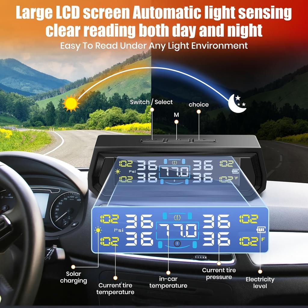 Car TPMS With USB Charging Solar Powered Display With 4 External Tire Sensor For Auto Tyre Security Device