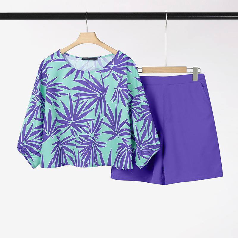 

ZANZEA Женский комплект из блузки с рукавом 3/4 и шорт, летний костюм-двойка с принтом XL