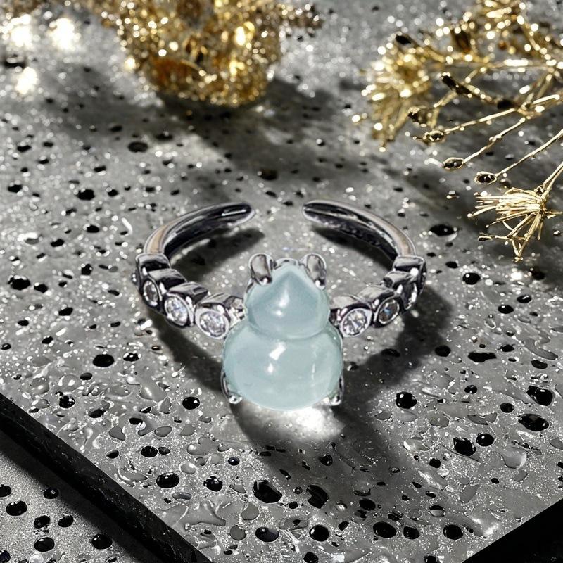 Gourd Imitation Jadeite Open Ring Women'S Niche Design High-End Light Luxury Full Diamond Zircon Ring