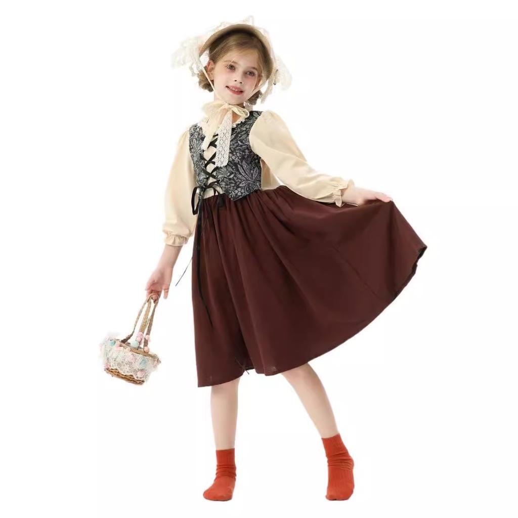 Halloween Children's Costume Ethnic Vintage Court Medieval Pastoral Farm Girl Princess Dress