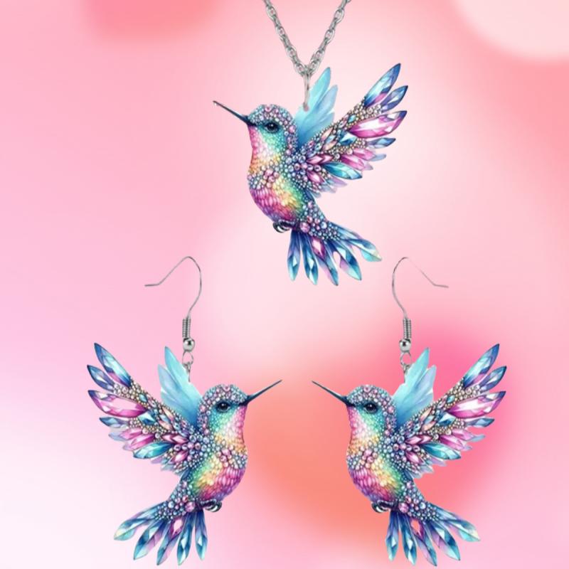 1 Set of Elegant and Stylish Acrylic Colorful Honey-sucking Bird Necklace Earrings Set with Multi-color Wing Design, Suitable Fo