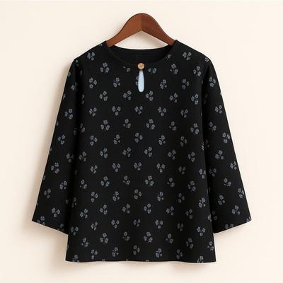 Vintage Casual Blouse, For Women, Elastic Hemp, Floral Print, Round Neck, Three-Quarter Sleeves, Elegant Loose Top