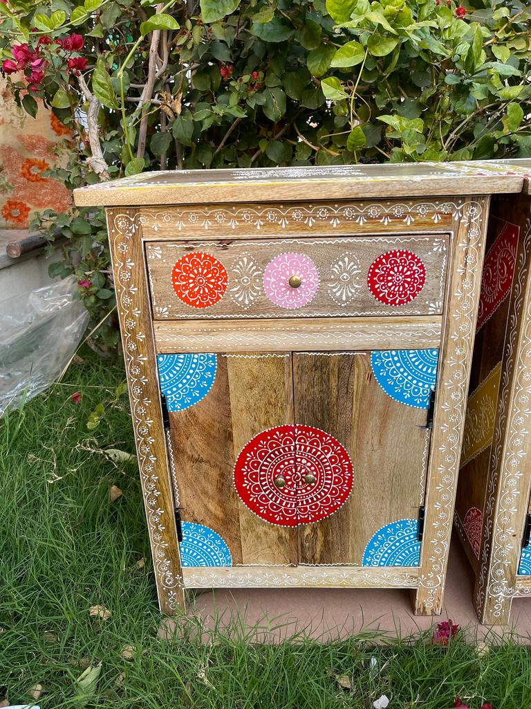 Wood Painted Bedside Storage Cabinet Desk Dressers Furniture | Indian Art Handicraft Nightstand Desk Drawer Sideboard, Painted Self Cupboard