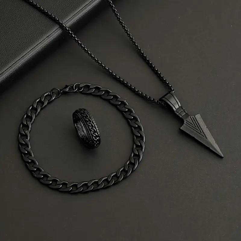 3pcs Set Arrow Jewelry Set Punk Hip Hop Chain Bracelet Ring Necklace for Women Men Cool Party Jewelry Gifts