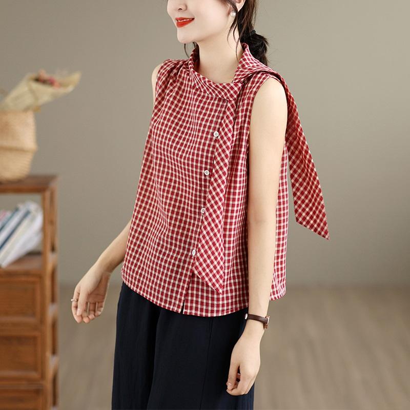 Blusa a quadri in cotone vintage senza maniche Oversize Canotte estive casual larghe Camicia da donna con bottoni