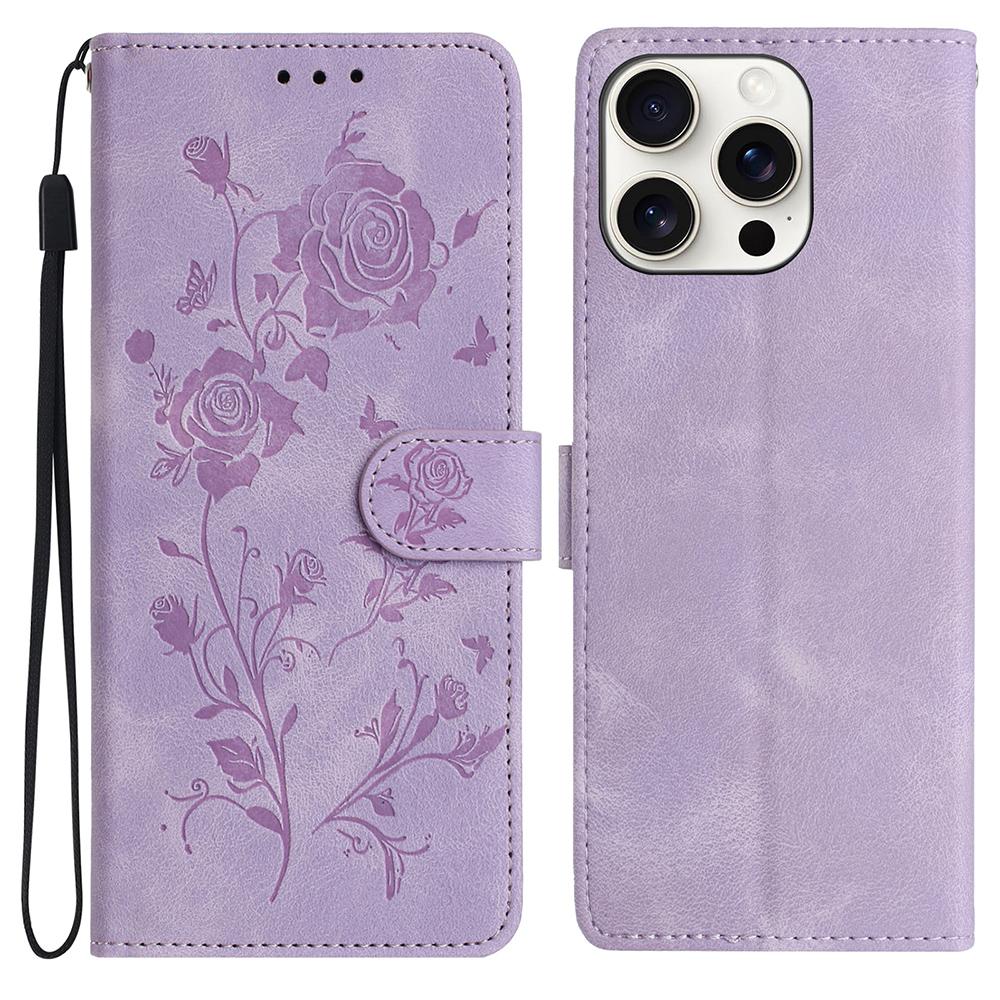 For iPhone 16 Pro Wallet Case Rose Pattern Imprinted Leather Flip Stand Phone Cover