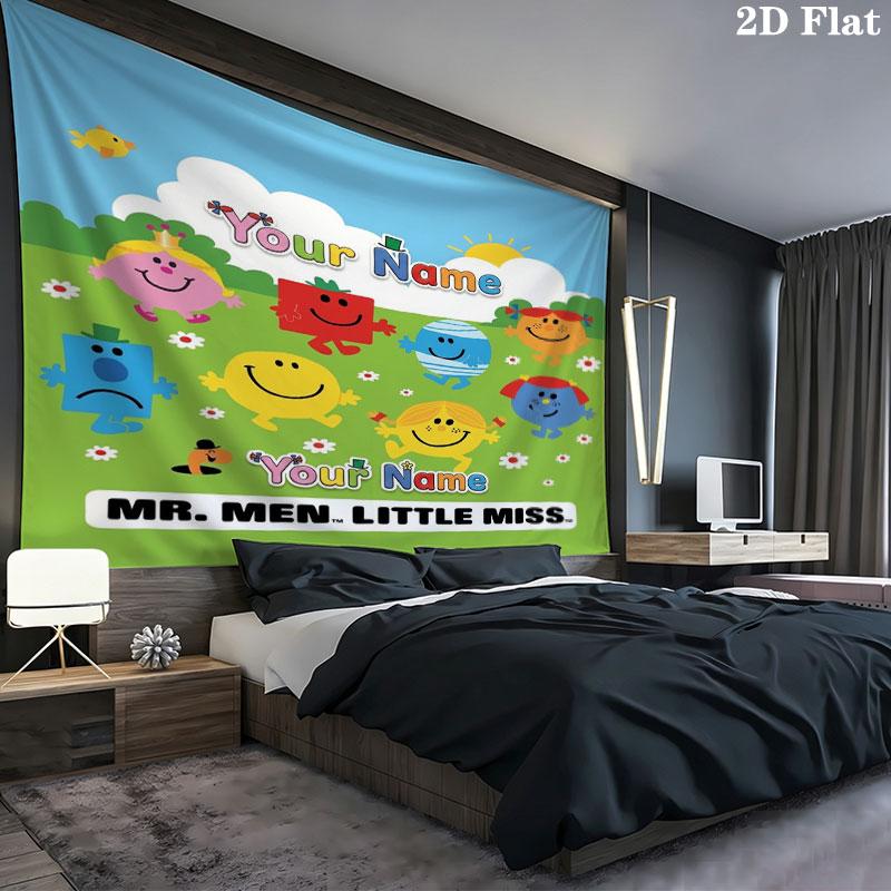 Mr. Men Little Miss Custom Name Wall Tapestry Aesthetic Wall Hanging Printed Fabric Blanket Decorative Tapestries for Bedroom Living Room Home Decor