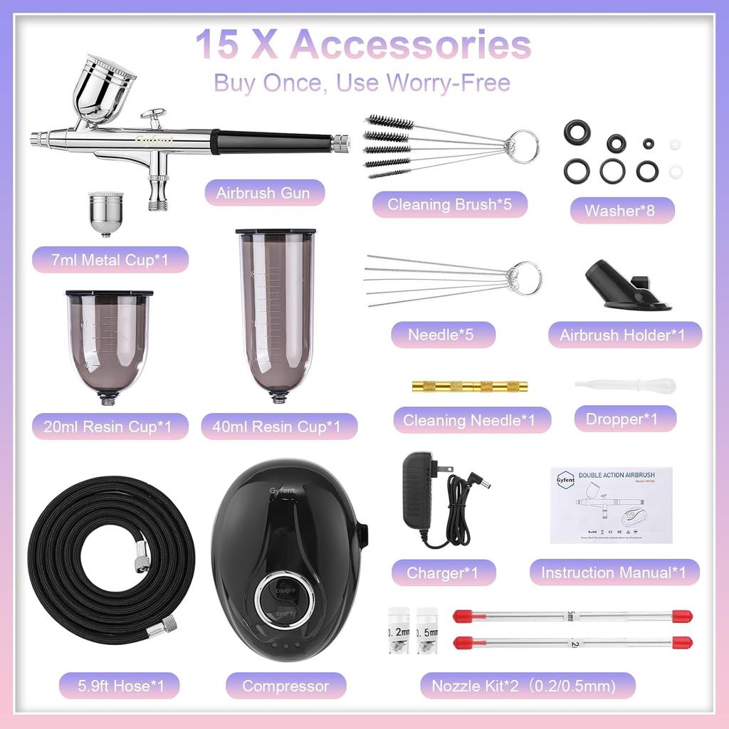 Gyfent Airbrush Kit with Air Compressor, 52PSI Portable Air Brush Kit with 3 Quick-Release Nozzle Sets(0.2/0.3/0.5mm) & 3 Cups Dual-Action Gravity
