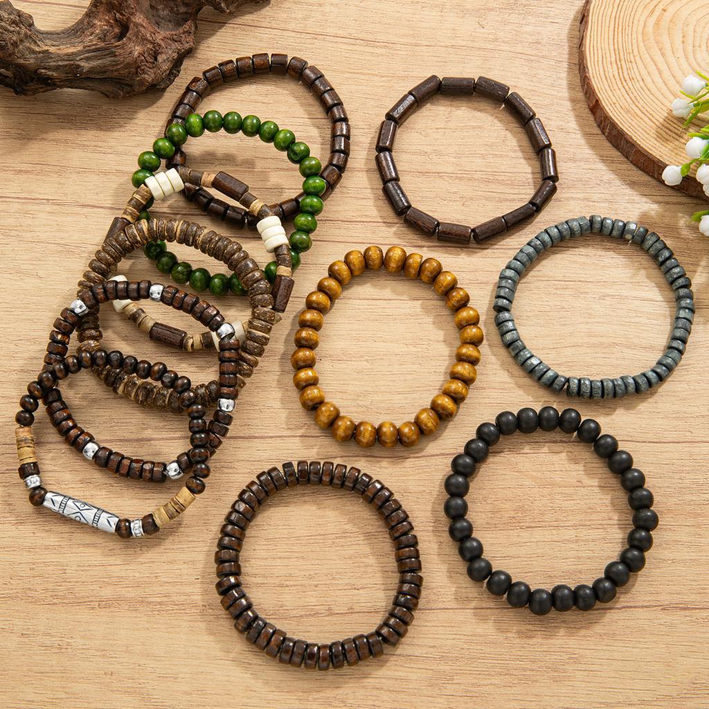 Vintage Natural Wood Bead Bracelet Set, Multi-piece Ethnic Style Beaded Bracelets, Bohemian Forest-inspired Jewelry