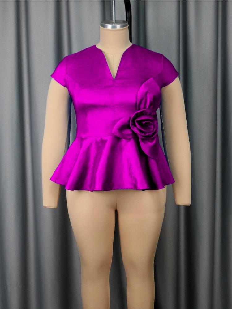 Women Plus Size Shiny Blouse Tops V Neck Peplum 3D Flower Birthday Event  Party Pullover Wedding Guest Curve Ladies African New