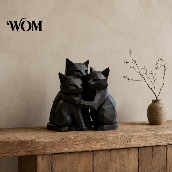 Matte Black Cat Figure 3D Printed Figurine, Three Hugging Geometric Statue, Statue Modern Animal Shape Sculpture for Home Office Bookshelf