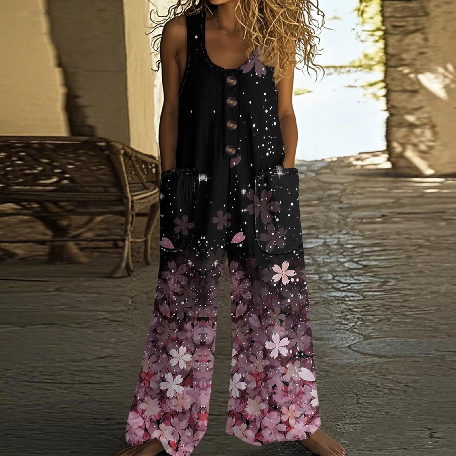 

Жіночий модний повсякденний комбінезон без рукавів на ґудзиках, бавовняний комбінезон з кишенями в ретро-стилі з квітковим принтом XL рожевий