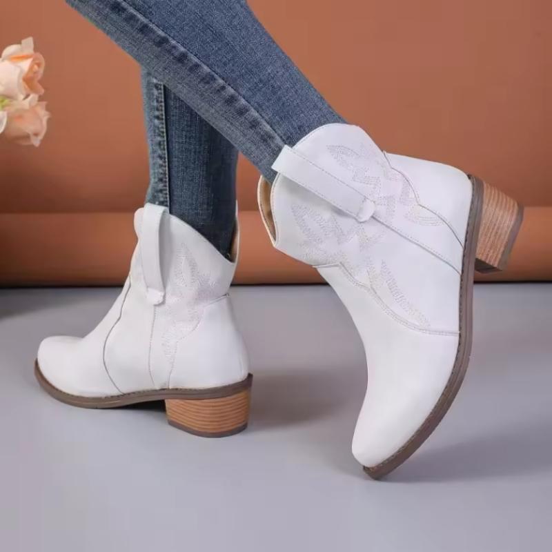 Fashion Vintage Women's Chelsea Boots Fashion Embroidered Western Boots Block Heels Womens Ankle Boots Pointed Toe Slip On Women Shoes