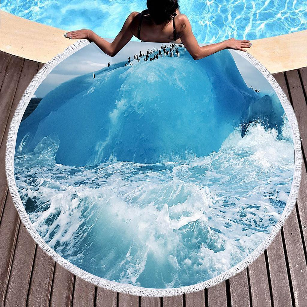 Antarctic Iceberg Round Beach Towel with Tassels, Absorbent Quick Dry Circle Pool Towel Roundie Yoga Meditation Mat Picnic Rug