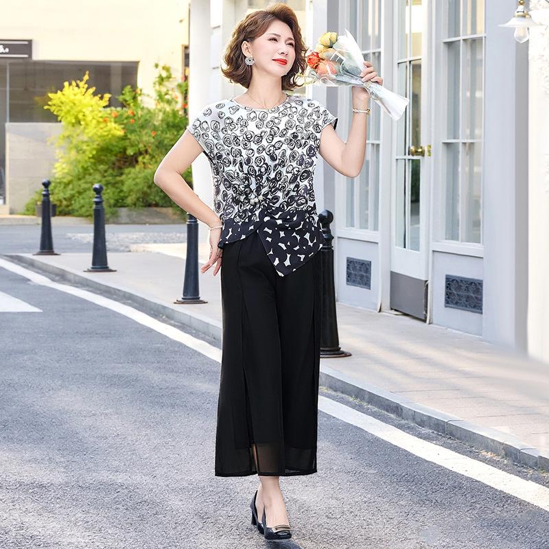 

Mother s Day Casual Printed Suit: Irregular Hem Top & Chiffon Nine-Point Pants for Middle-Aged and Elderly Women 4XL [135-150lbs]