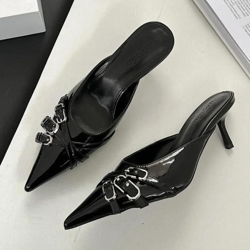

2025 Summer Pointed Toe Shoes Women Pumps Slipper Fashion Decoration Buckle Shallow Slip on Ladies Mules Shoe 4cm High Slides 35 чорний