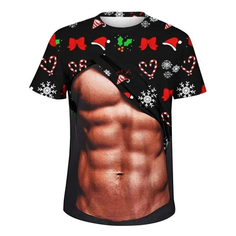 Round neck short sleeved Christmas fake abs pattern T-shirt, ugly Christmas top, men's gift funny 3D printed men's ugly Christmas T-shirt,