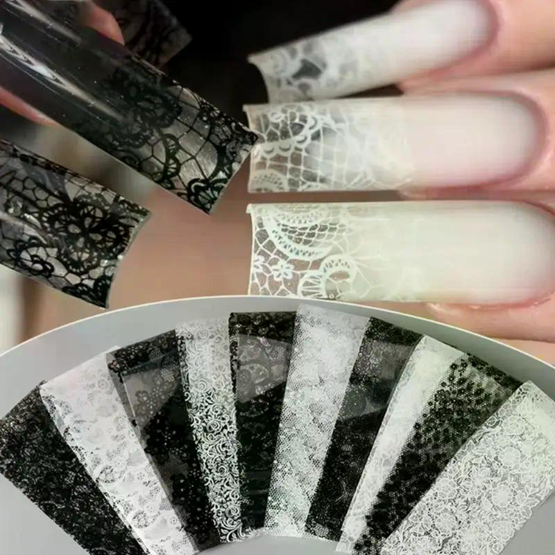 10 Rolls Nail Transfer Foils Sticker Black White Red Lace Flowers Nail Art Nail Charms DIY Nail Decoration Manicure Accessories