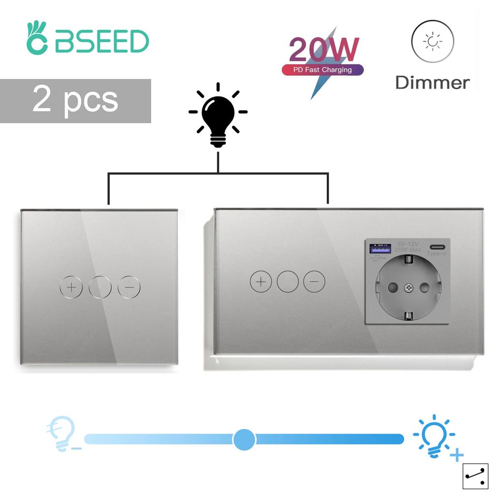 BSEED LED Touch Dimmer Schalter Wanddimmer 1-fach 2-Wege Sensor Schalter Plus EU Steckdosen USB Typ-c Gehärtetes Glas Wasserdicht 2er Pack