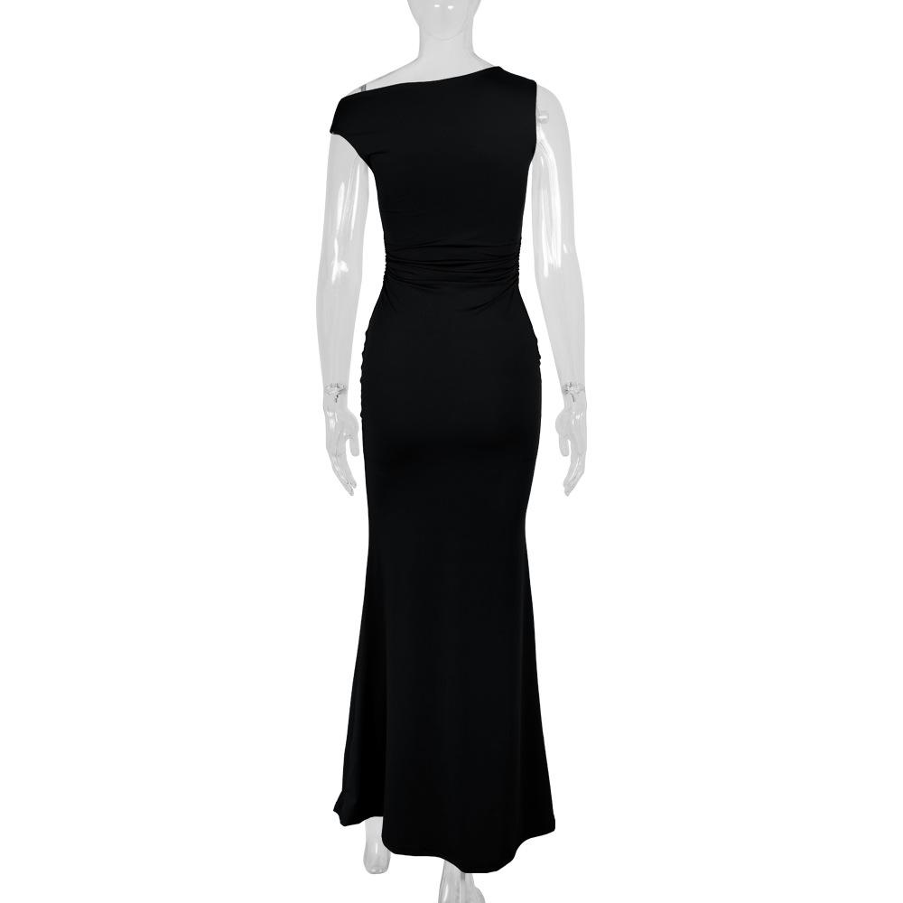 European and American Women's Fishtail Skirt with Sloping Shoulder Collar and Sleeveless Sexy Dress