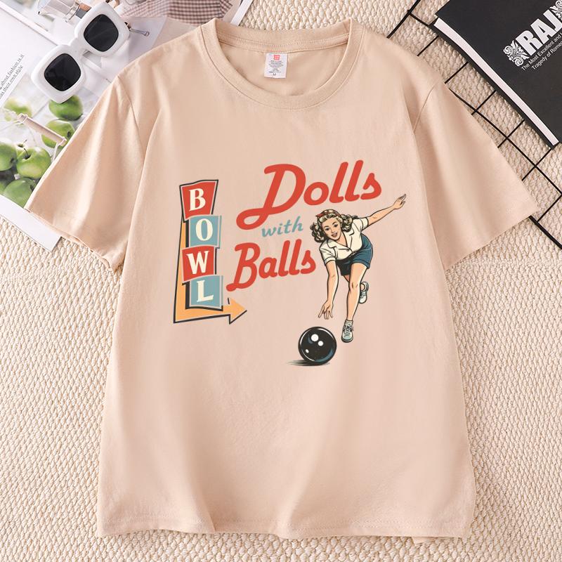 Bowling T Shirt Dolls With Balls TShirt Causal Vintage Graphic Tshirts Funny Cotton Short Sleeve Round Neck T Shrirts Unisex