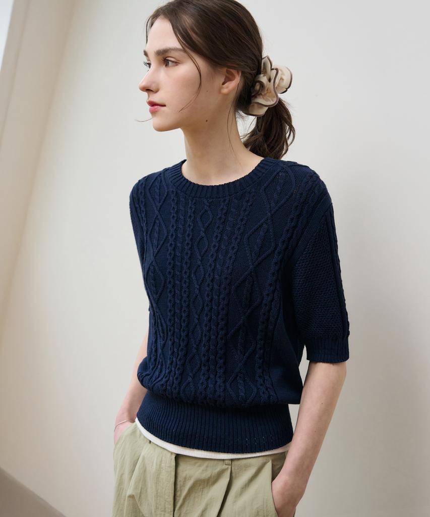 Deuloupisumeon Scalloped Cable Short Sleeve Knit [Ivory]