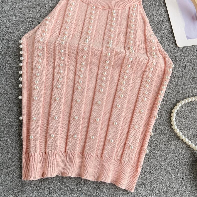 Pure Desire Top Women's Heavy Industry Beads Slim-fitting Short Sexy Off-the-shoulder Neck Sling Vest Women's Versatile Knitted Sweater Tide
