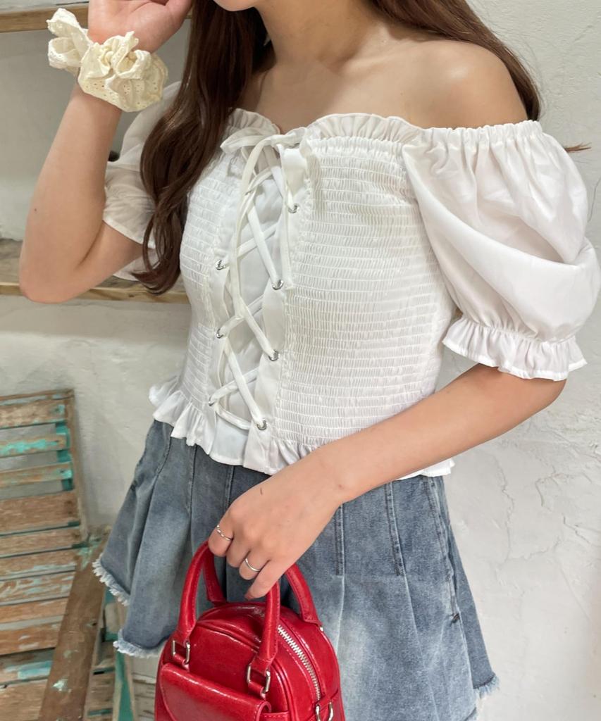 WEGO Shirred Girly Summer Size White Women's Lace-Up Blouse, Top, F,