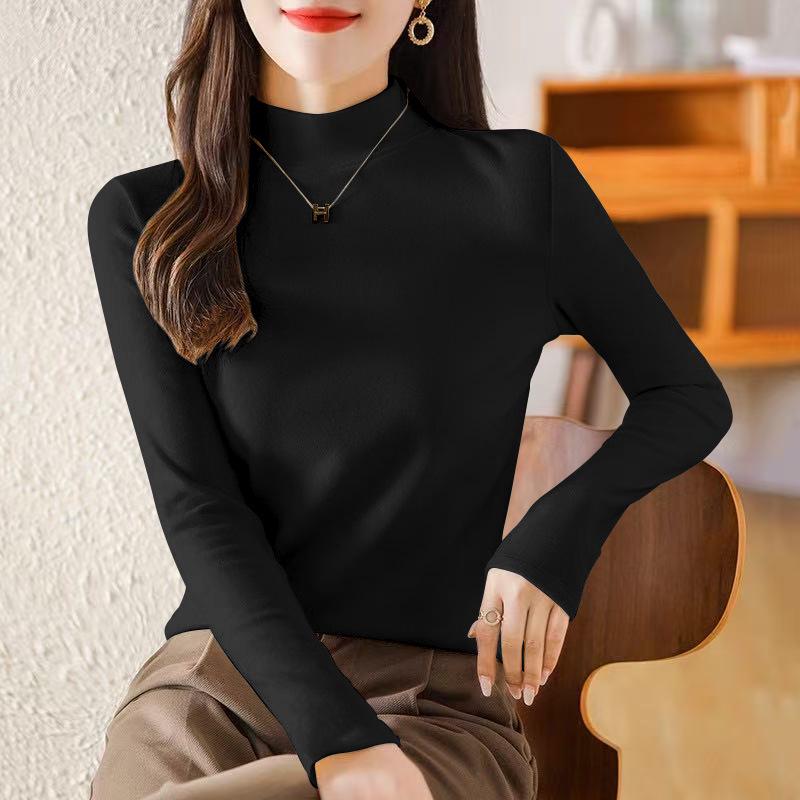 Women's Plus Velvet Half-High Collar Long-Sleeve Fleece Base Layer Top - Autumn/Winter