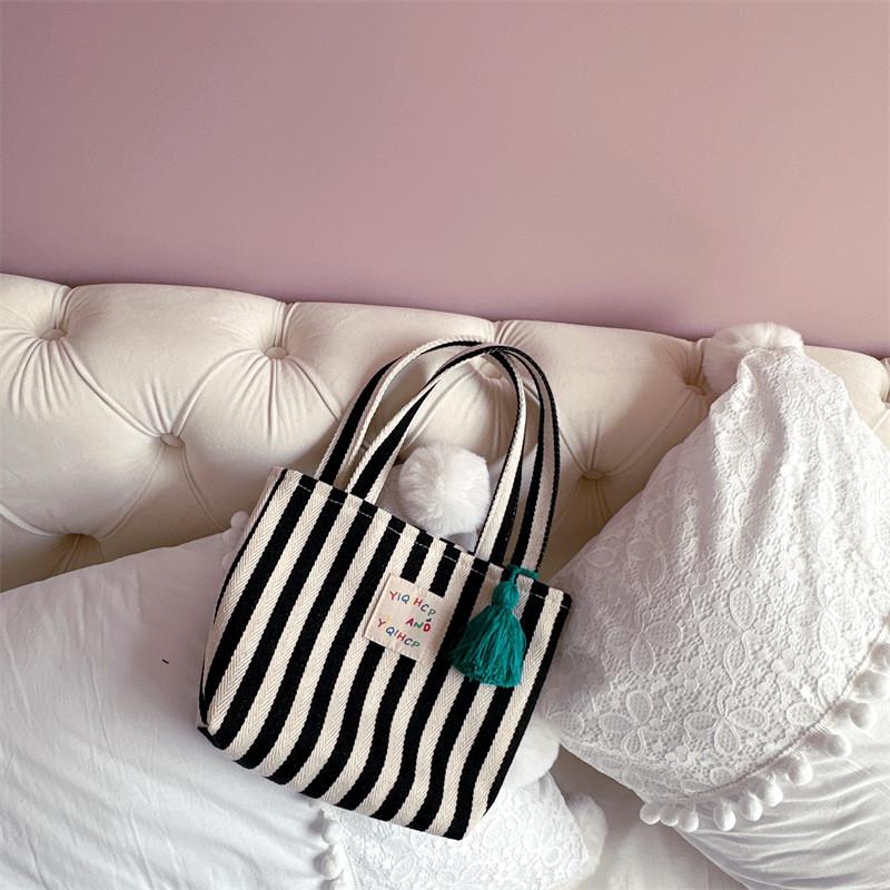 Fashionable Striped Children s Tote Bag With Trendy Tassels For Boys And Girls чёрный