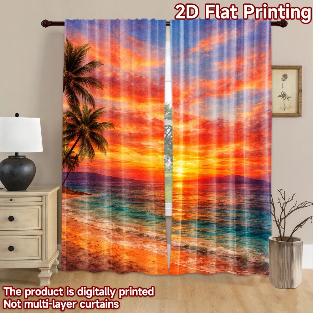 2D flat printing 2pcs Curtain Scene Curtain Tropical Sunset Beach Digital Printed Polyester Drapes Festive Curtains Perfect for