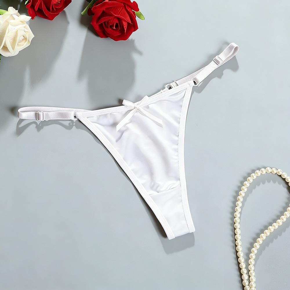 Women's Thong Adjustable Waistband Glossy Satin Solid Color Underwear Low Waist Smooth Silk Bowknot Female Underpants