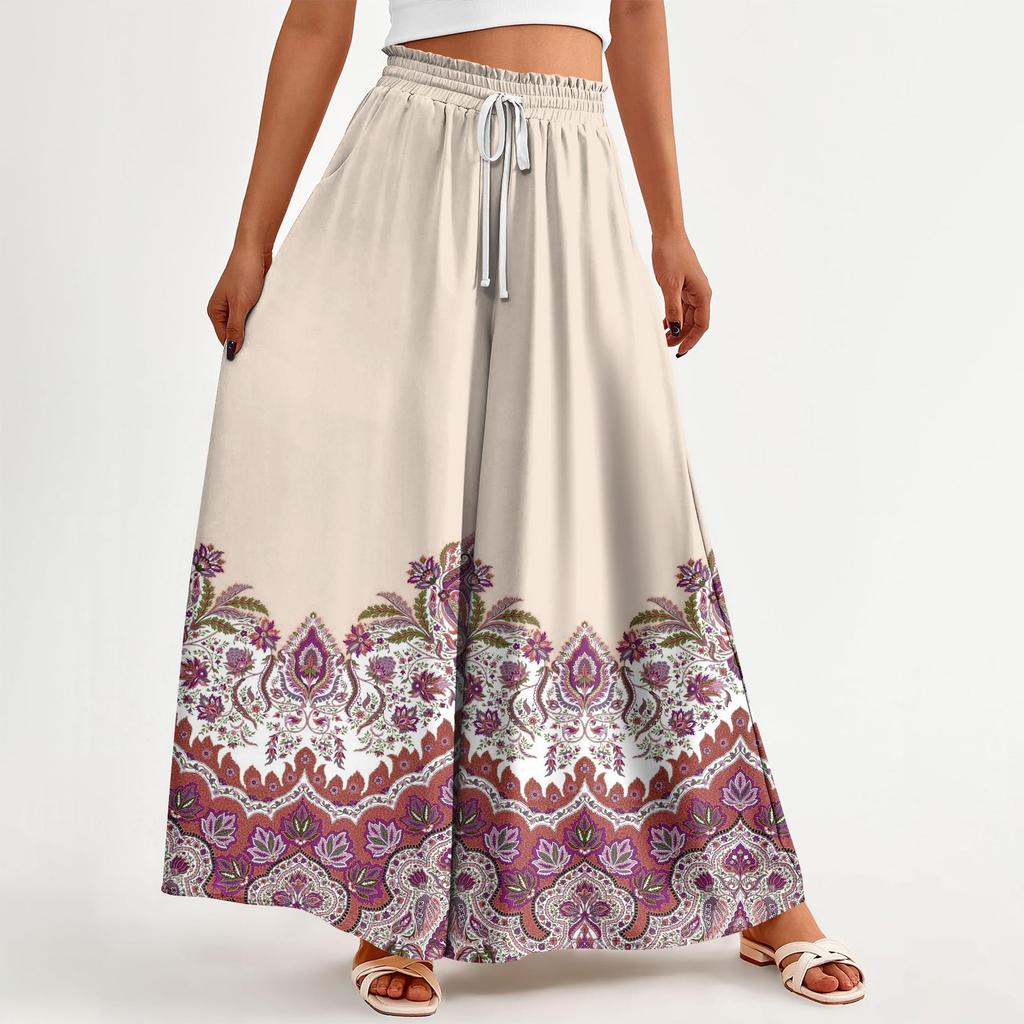 Women's Summer Wide Leg Pants High Waisted Flowing Pockets Fashion Casual Casual Bohemian Printed Beach Pants