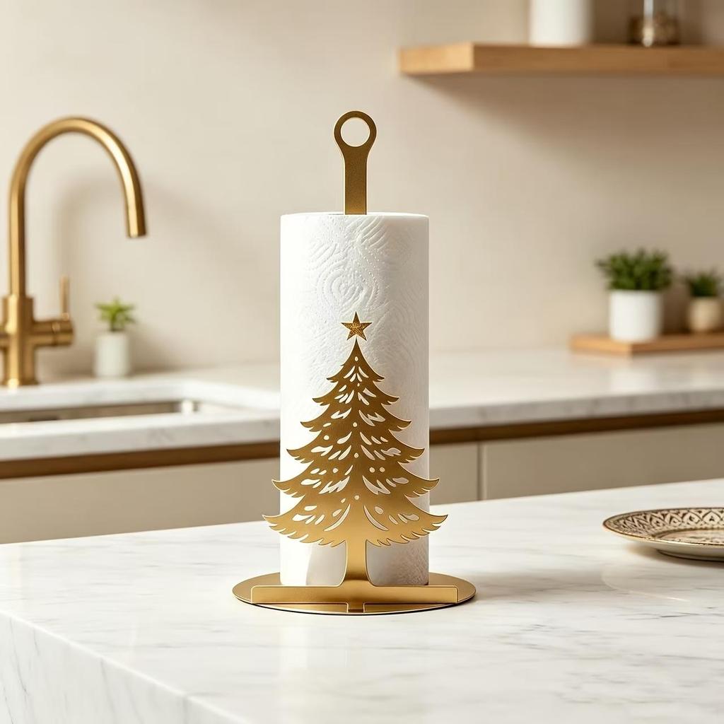 2D Flat Christmas Tree Iron Paper Towel Holder Kitchen Countertop Tissue Roll Stand Holiday Decoration