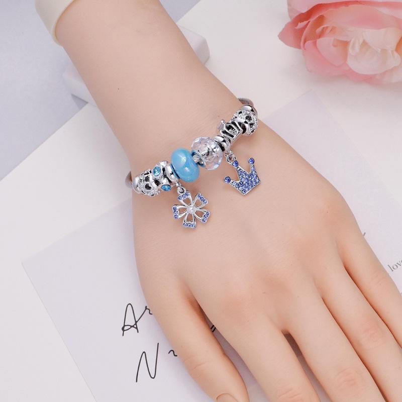 Ladies Hollow Five Petal Flower Bracelet With Diamond Crown Pendant Stainless Steel Bangle Jewelry