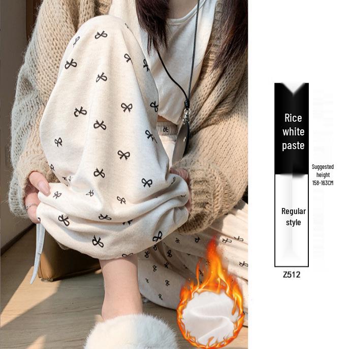 

Женские белые флисовые брюки с широкими штанинами и бантом - Повседневный ленивый стиль для весны и осени 2025 One Size