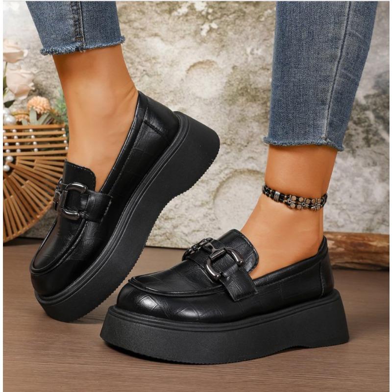 Mode Frühling Metallschnalle Plateau Slipper Damen Leder Slip On Flats Schuhe Frau College Stil Dicke Sohle JK Kleiderschuhe Crawler