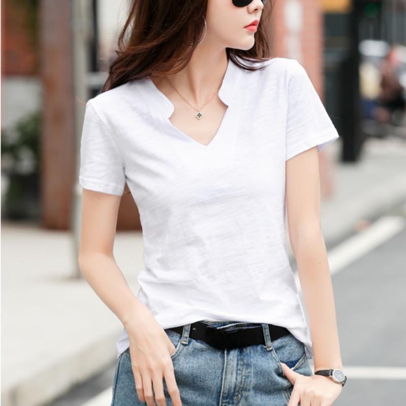 Summer Solid Loose Short Sleeve Women's T-shirt Fashion Top V-neck Casual Cotton Base T Shirt for Women Simple Office Ladies Plus Size Tee Shirt 24995