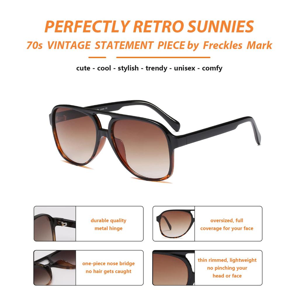 Freckles Mark Vintage Retro 70s Sunglasses for Men and Classic Large Square Aviator Trendy Gradient Oversize Women, Glasses, Brown/Tortoiseshell,
