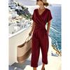 Damen 2-teilige Outfits V-Ausschnitt Kurzarm Raffung Oberteil und Cropped Hosen Set Sommer Lässig Loungewear Sets