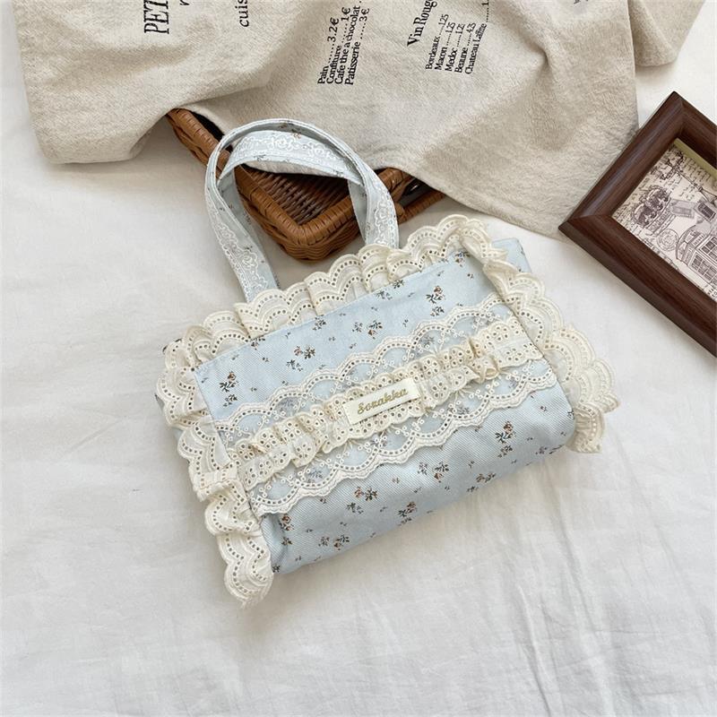 Cute Sweet Lace Floral Handbag Large Capacity Casual Commuting Tote Bag Portable Storage Bag Girl Heart Clutch Cosmetic Bag Gift