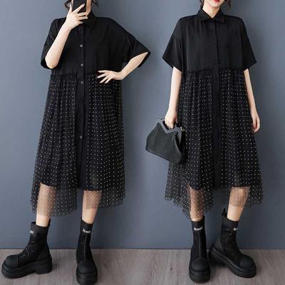 Damen Neues Locker Sitzendes Patchwork Midilanges Hemdkleid