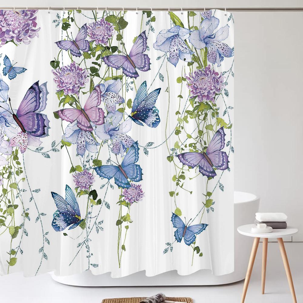 Plants Flower Shower Curtains Butterflies Bathroom Bathtub Decoration Waterproof Polyester Bath Curtain Home Decor with Hooks