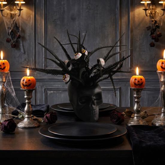 Spooky Skull Figurine, Black Red Rose Creepy Eyeballs Skeleton Halloween Table Centerpiece for Tabletop, Desk, Mantel, Shelf, Gothic Home Decor