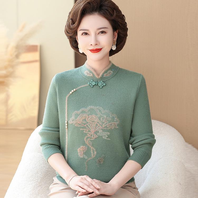 Cheongsam Collar Sweater for Middle-aged and Elderly People with Velvet Base Shirt Integrated Mink Velvet Thickened Women's Base Shirt