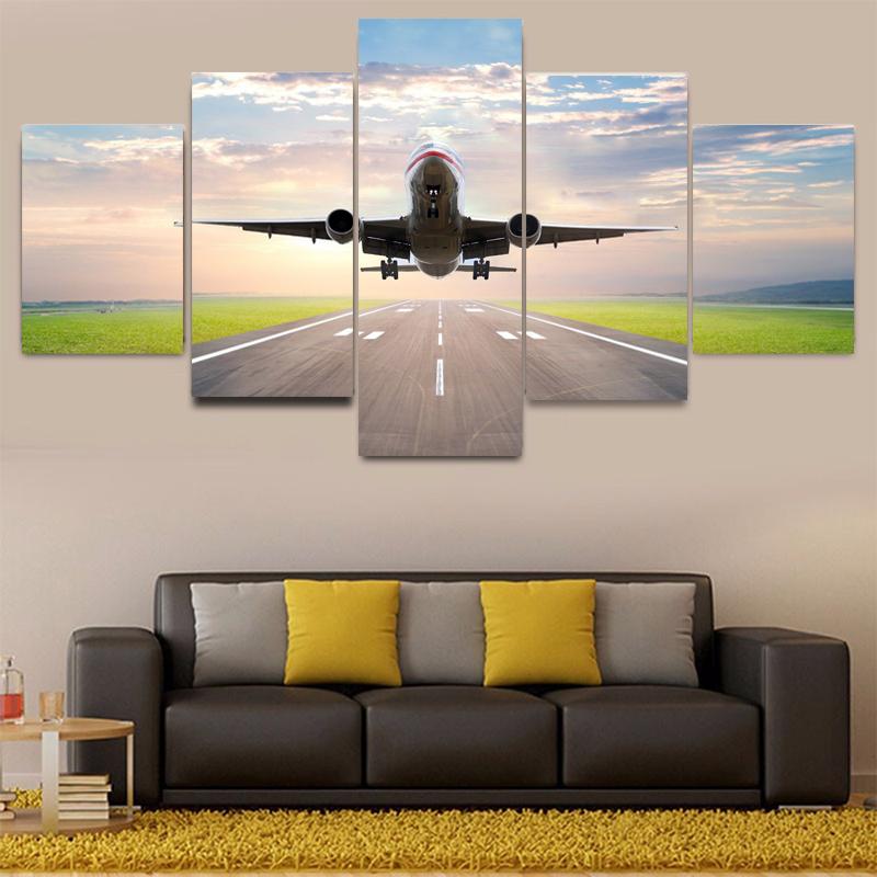 Modern 5 Pieces Airplane Poster Canvas Painting Landscape Sunset Backlight Lawn Wall Art Pictures for Living Room Decor No Frame