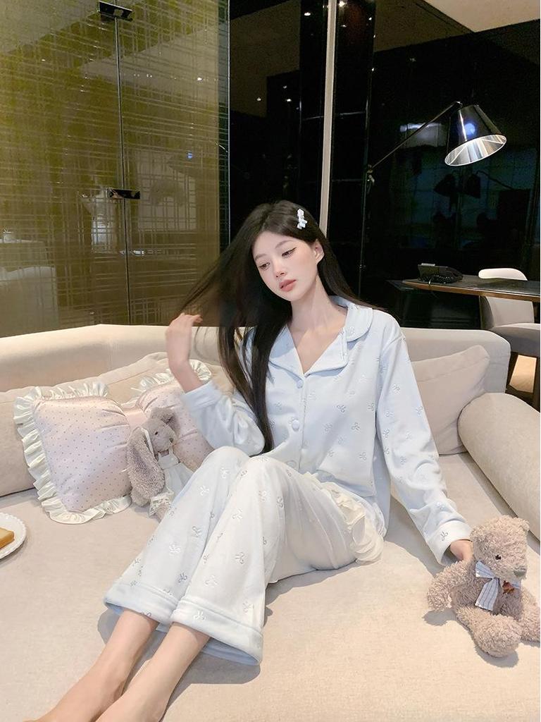 Women's Sea Island Cotton Pajamas - Long-Sleeve Lace Loose Fit Plus Size Student Loungewear