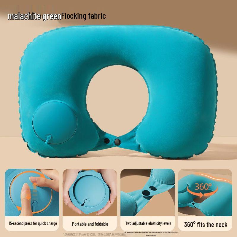 Inflatable U-Shaped Travel Neck Pillow with Press-Type Inflation, Foldable Compression Design for Car & Rail Travel
