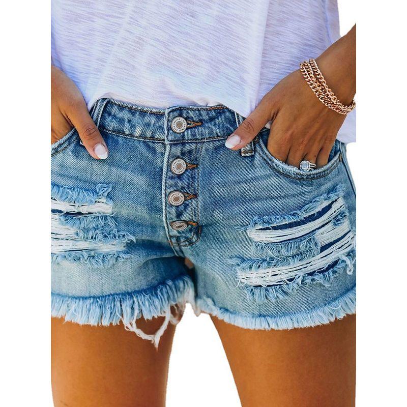 European and American Ripped Tassel Denim Straight Buckle Shorts Ripped Fringed Washed Denim Shorts